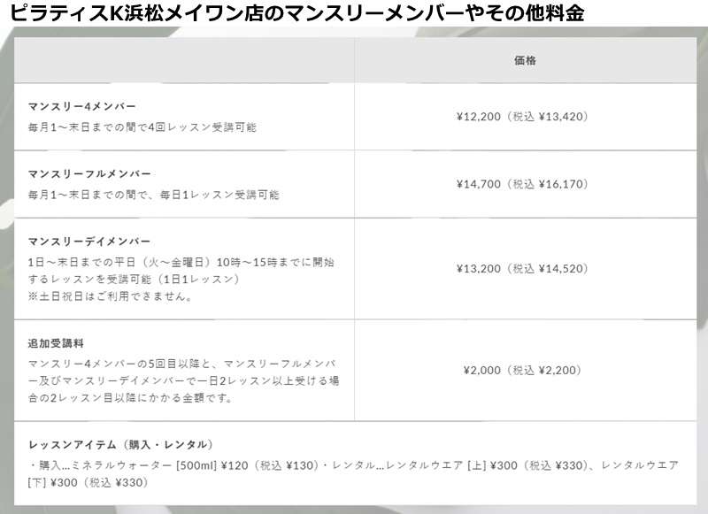 ピラティス浜松店の料金