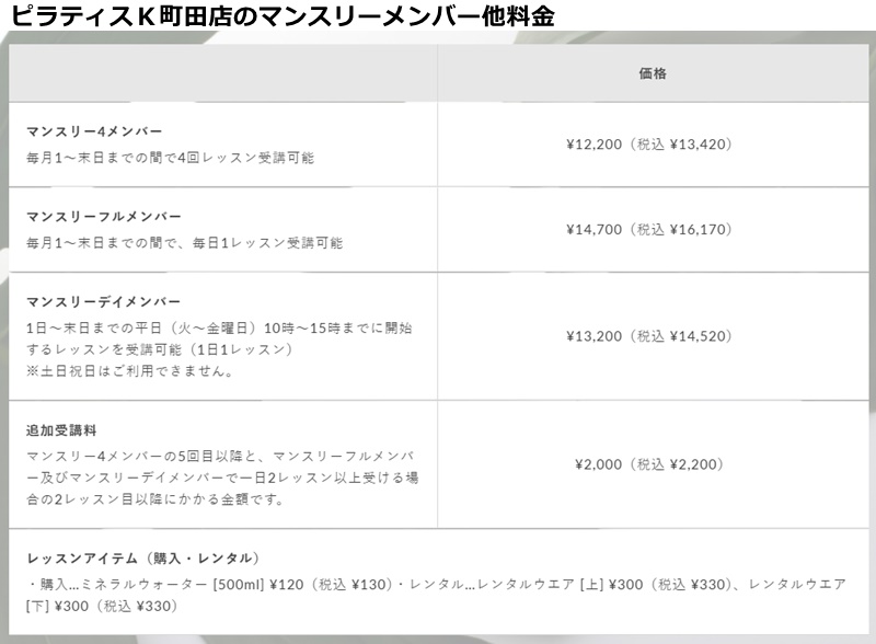 ピラティスｋ町田店の料金