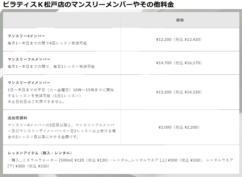 ピラティスｋ松戸の料金