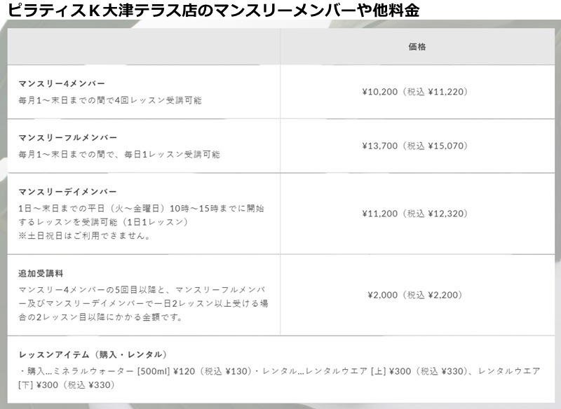 ピラティスK大津テラス店の料金