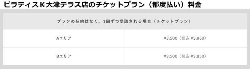 ピラティスK大津テラス店の料金