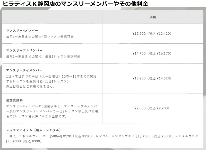 ピラティスｋ静岡店の料金