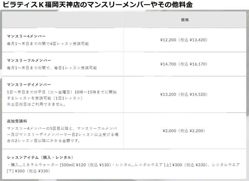 ピラティスｋ福岡天神店の料金