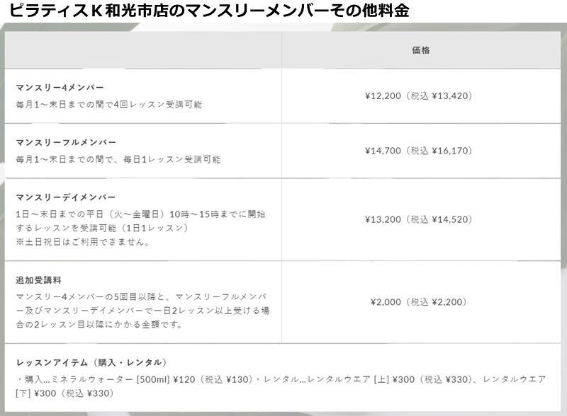 ピラティスｋ和光市店の料金