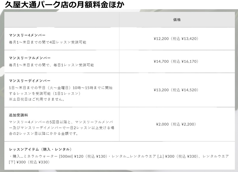 ピラティスＫ久屋大通パークの料金