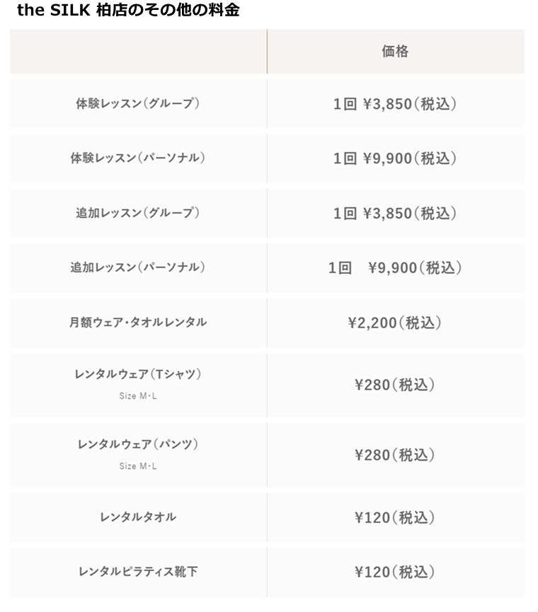 シルク柏店の料金