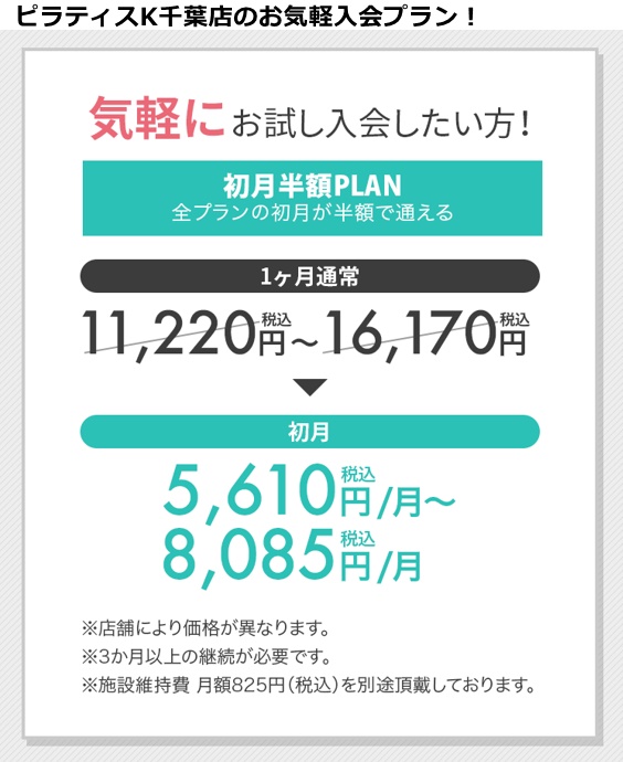 ピラティスＫ千葉店の料金