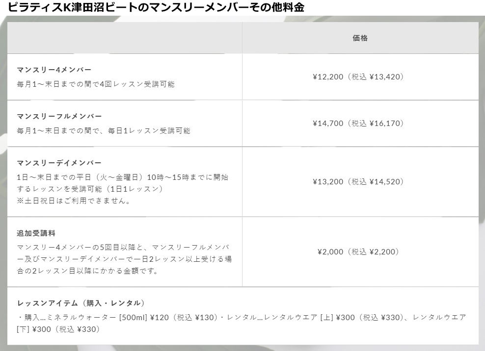 ピラティスｋ津田沼ビートの料金