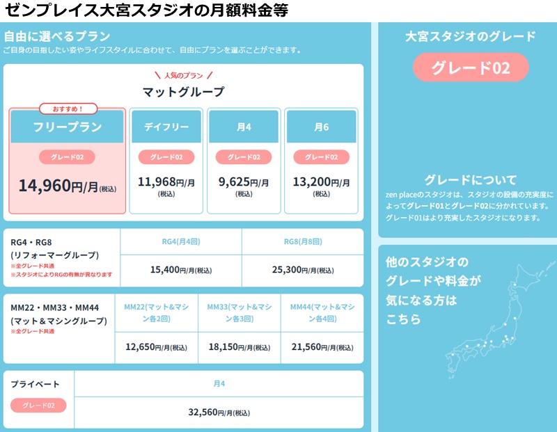 ゼンプレイスピラティス大宮スタジオの料金