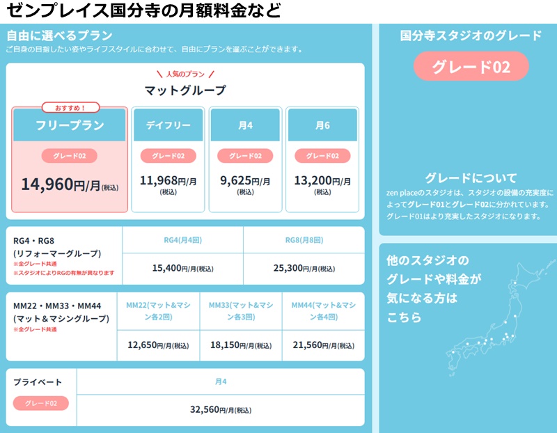 ゼンプレイスピラティス国分寺の料金