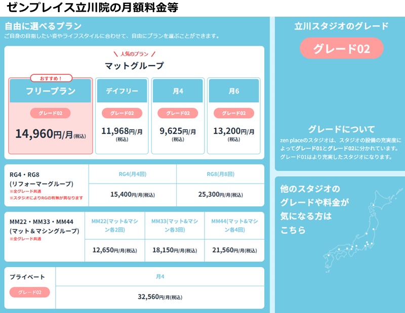 ゼンプレイスピラティス立川の料金