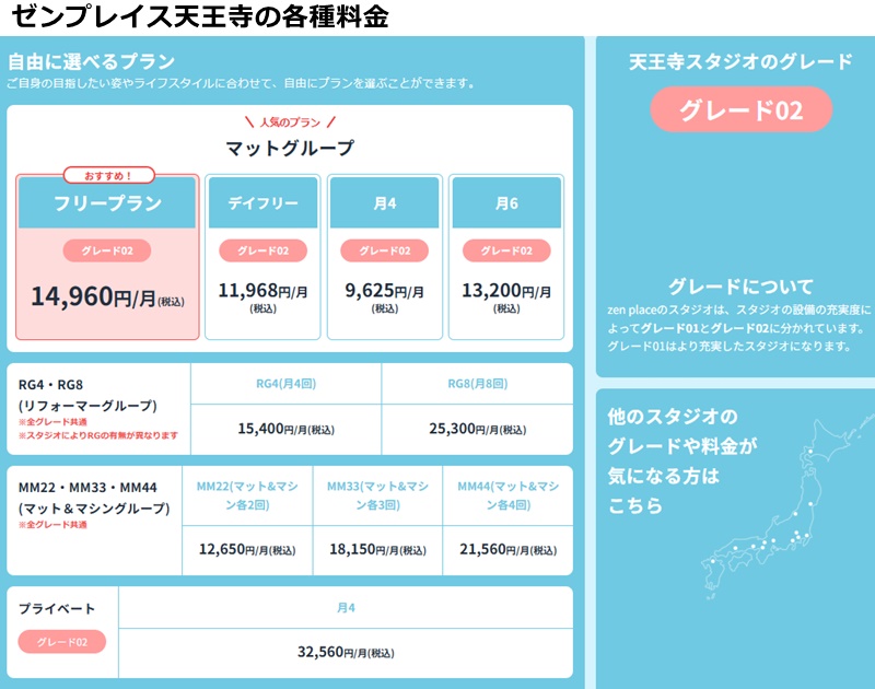 ゼンプレイスピラティス天王寺の料金